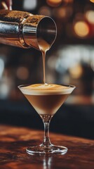 Espresso Martini Cocktail Preparation: A Bartender's Precise Pour into a Classic Martini Glass