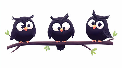 Obraz premium Three Cute Black Cartoon Owls Perched on a Branch