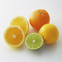 Citrus Fruit Assortment on White Lemon, Lime, Orange. Vibrant, Fresh Fruits. Healthy Food. Bright, Clean Background