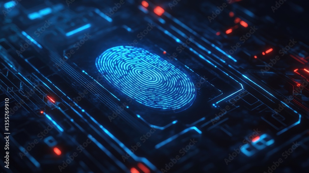 Poster high-tech fingerprint security lock on a dark background, showcasing double verification and advance