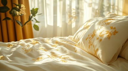 Sunlit Bedding, Yellow Floral Embroidery