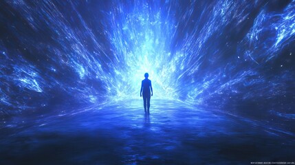 Mesmerizing blue energy burst with magical light tendrils, shimmering particles floating in ethereal space, radiant light waves creating depth perception, mystical azure glow effects, dreamlike