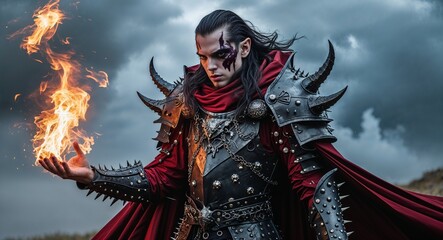 Dark warlock in spiked armor summoning firestorm fantasy magic photography model