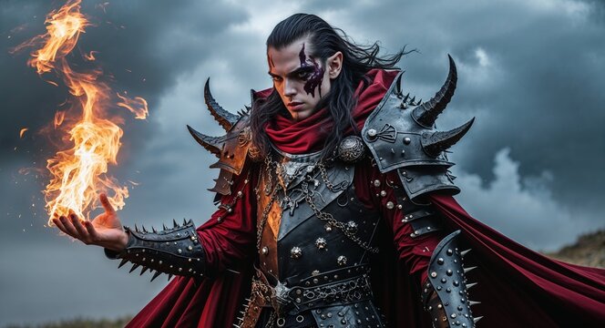 Dark warlock in spiked armor summoning firestorm fantasy magic photography model