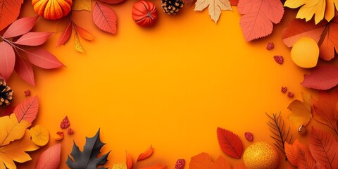 Fototapeta premium Autumnal border arrangement featuring leaves pumpkins and pine cones