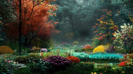 Fototapeta premium Enchanting Autumnal Garden Lush Blooms Vibrant Colors Serene Nature