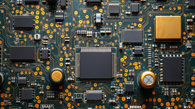 Electronic circuit board and modern printed circuit board on a textolite banner background