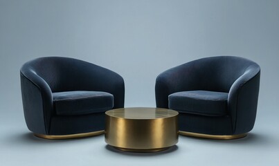 Modern blue velvet armchairs & brass coffee table in studio