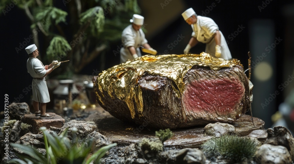 Poster miniature workers applying gold foil to a massive, succulent steak, creating a whimsical and extrava