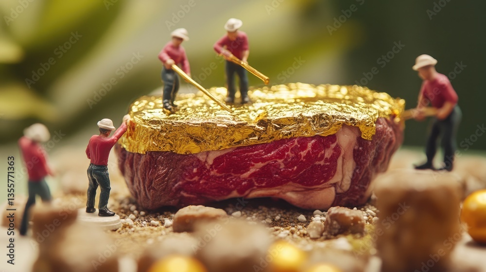 Aufkleber miniature workers applying gold foil to a massive, succulent steak, creating a whimsical and extrava