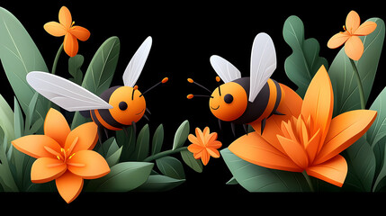 Obraz premium Two Cute Cartoon Bees Hovering Over Orange Flowers