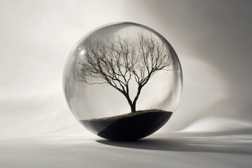 There is a small tree in a glass vase on a table