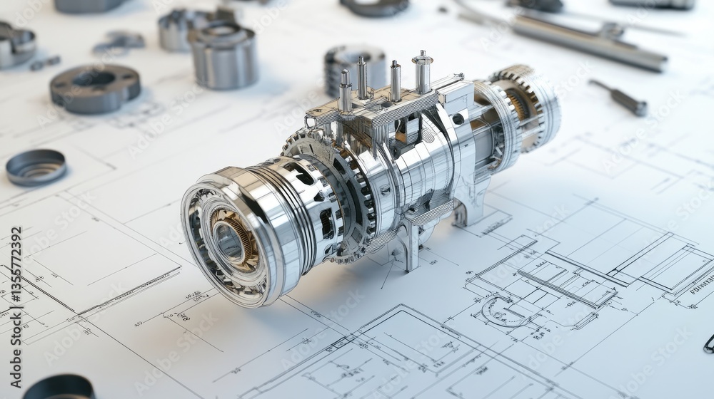 Poster The design of a complex gearbox with technical blueprints and 3D-printed prototypes, showcasing precision engineering and innovation