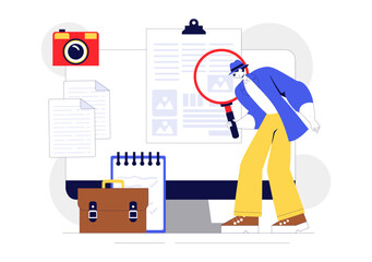 Private Investigator Illustration Featuring Detective Services with Magnifier, Binoculars, Photo Camera and Newspaper Articles for Crime Investigation