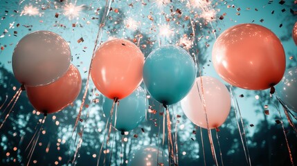 Colorful balloons in the air with confetti and sparks