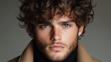 Fototapeta premium Close-up portrait of a man with curly brown hair and a serious expression