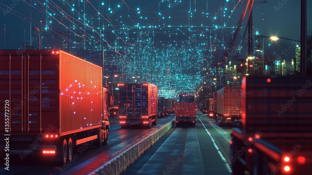 Poster Traffic under a digital network overlay, demonstrating the efficiency of a modern fleet management system for managing logistics in real-time