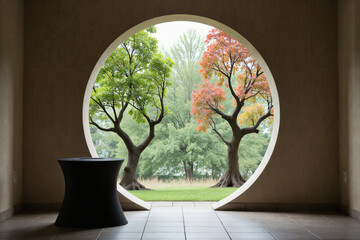Oval Window with Seasonal Trees