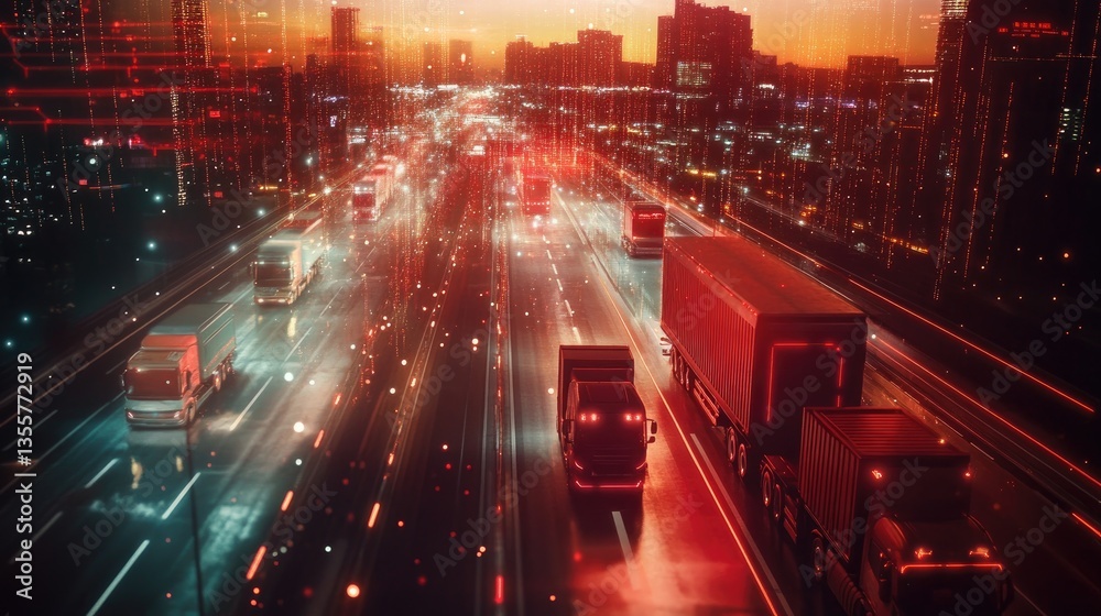 Poster trucks on a digital global network, representing smart logistics and fleet management in a connected