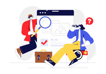 Private Investigator Illustration Featuring Detective Services with Magnifier, Binoculars, Photo Camera and Newspaper Articles for Crime Investigation