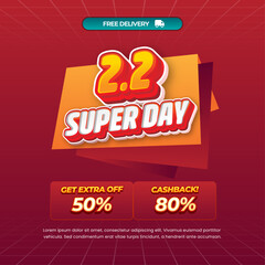2.2 Super Day Sale discount deals mix red gradient Editable text effect grid style Pop up Cashback promo code Promotional banner flyer Template 