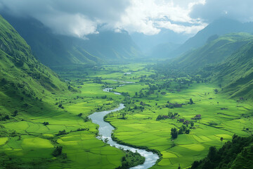 Obraz premium Lush Green Valley with River and Mountains