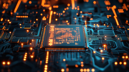 Obraz premium Abstract technology background featuring a futuristic cyberpunk microchip with glowing blue circuits
