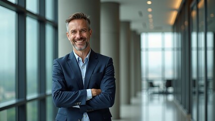 A confident businessman standing in a modern office hallway with large windows.