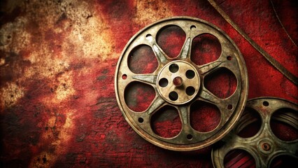 Obraz premium A close-up shot of a worn-out vintage film reel on a deep red background with intricate details and textures, revealing the physical wear and tear over time, aged material, celluloid