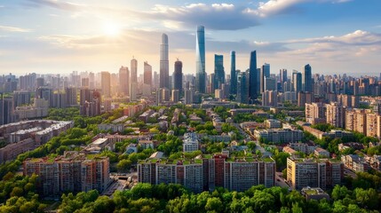 Obraz premium Stunning Cityscape Modern Skyscrapers Lush Greenery at Sunset