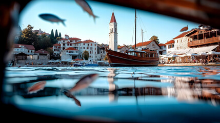 Obraz premium Underwater View Of Fish Swimming Near A Wooden Boat Docked In A Picturesque Coastal Town
