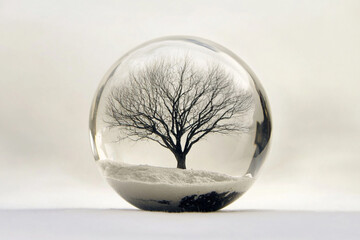 There is a glass ball with a tree inside of it