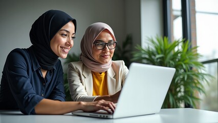 Two women in hijabs working together on a laptop in a modern office setting.