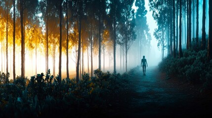 Mystical Dawn  Solitary Figure Walking Forest Path