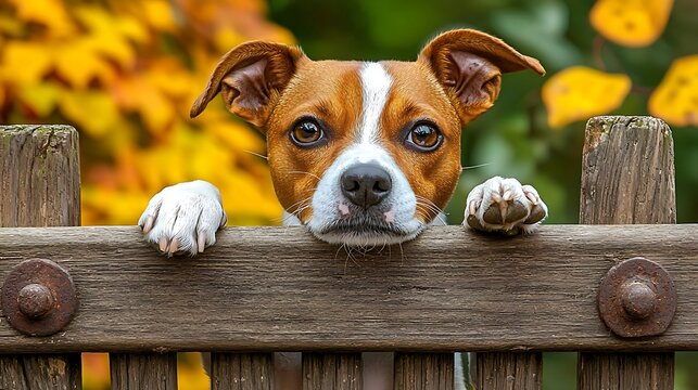 Cute dog peeking autumn fence.