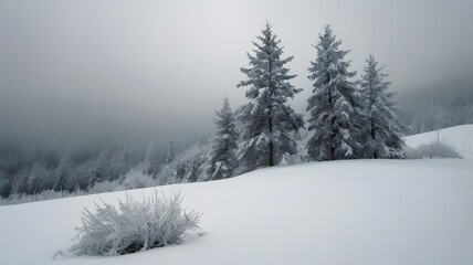 Fototapeta premium Snowy Winter Landscape Foggy Forest Snow Covered Trees