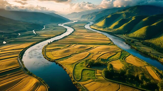 Aerial view of winding river through green valley and terraced hills at sunset