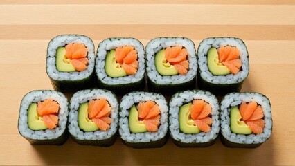 Delicious Salmon and Avocado Sushi Rolls: Fresh Maki Rolls on Wooden Background - A Taste of Authentic Japanese Cuisine