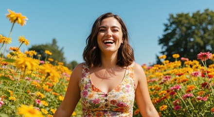 Woman Laughing in Flower Field Summer Day