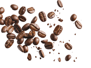 Falling roasted coffee beans isolated on transparent background