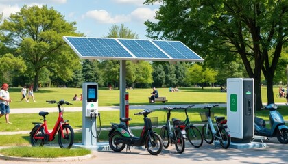 Electric Bike Chargers at Sunny Urban Park with Solar Panels for Clean Energy