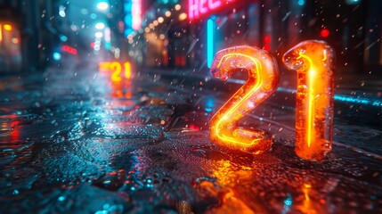 Neon Number 21 Glowing on Wet Cyberpunk City Street at Night with Reflections Rain and Bokeh