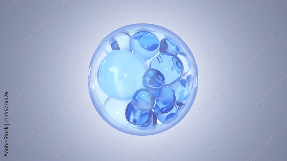 Wall mural essence with many atoms floating in drops. design collagen bubbles. mix a cream and serum with a liq