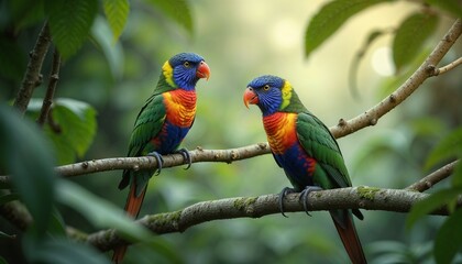 Obraz premium Vibrant parrots perched on a branch, playful and colorful, showcasing their beautiful plumage in a lush environment