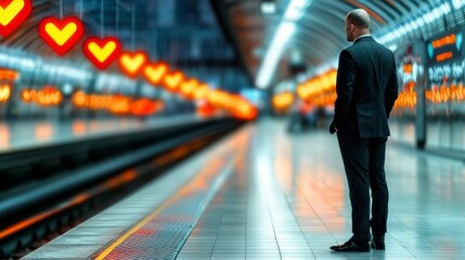 Fototapeta premium Businessman Waiting Subway Platform Heart Lights Urban Scene