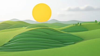 Green hills with bright sun in paper cut style