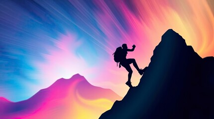 A dynamic silhouette of a person climbing a mountain, digital illustration