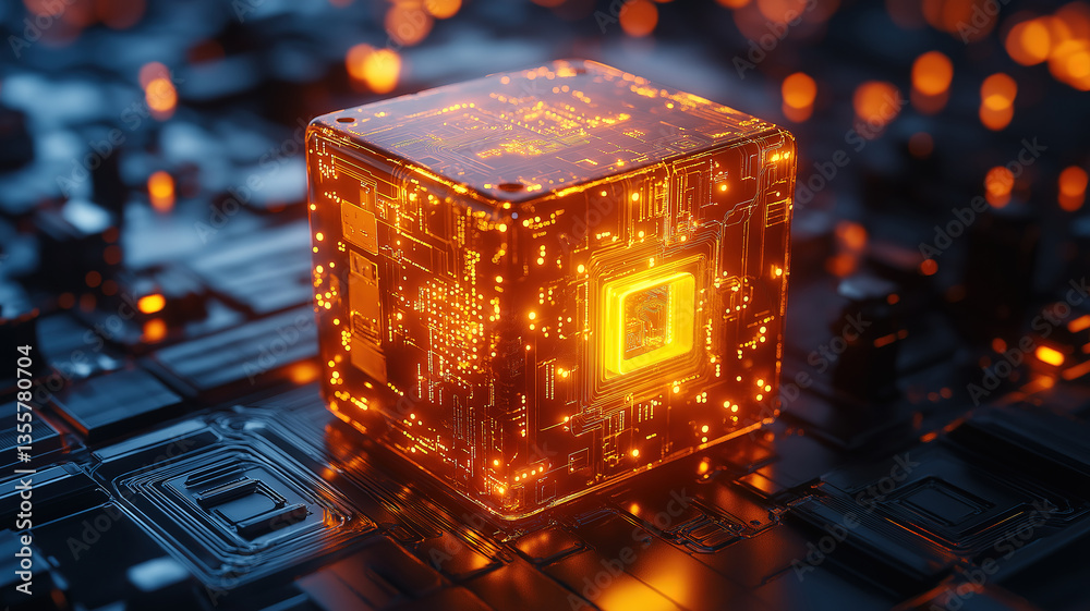 Aufkleber glowing orange cube with visible internal circuitry and intricate components inside