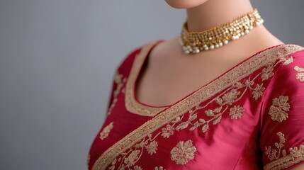 Traditional red silk blouse with intricate gold embroidery, paired with elegant pearl and gold choker necklace