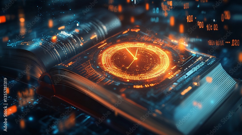 Poster digital book with glowing circuitry and data flowing representing the technology of the future